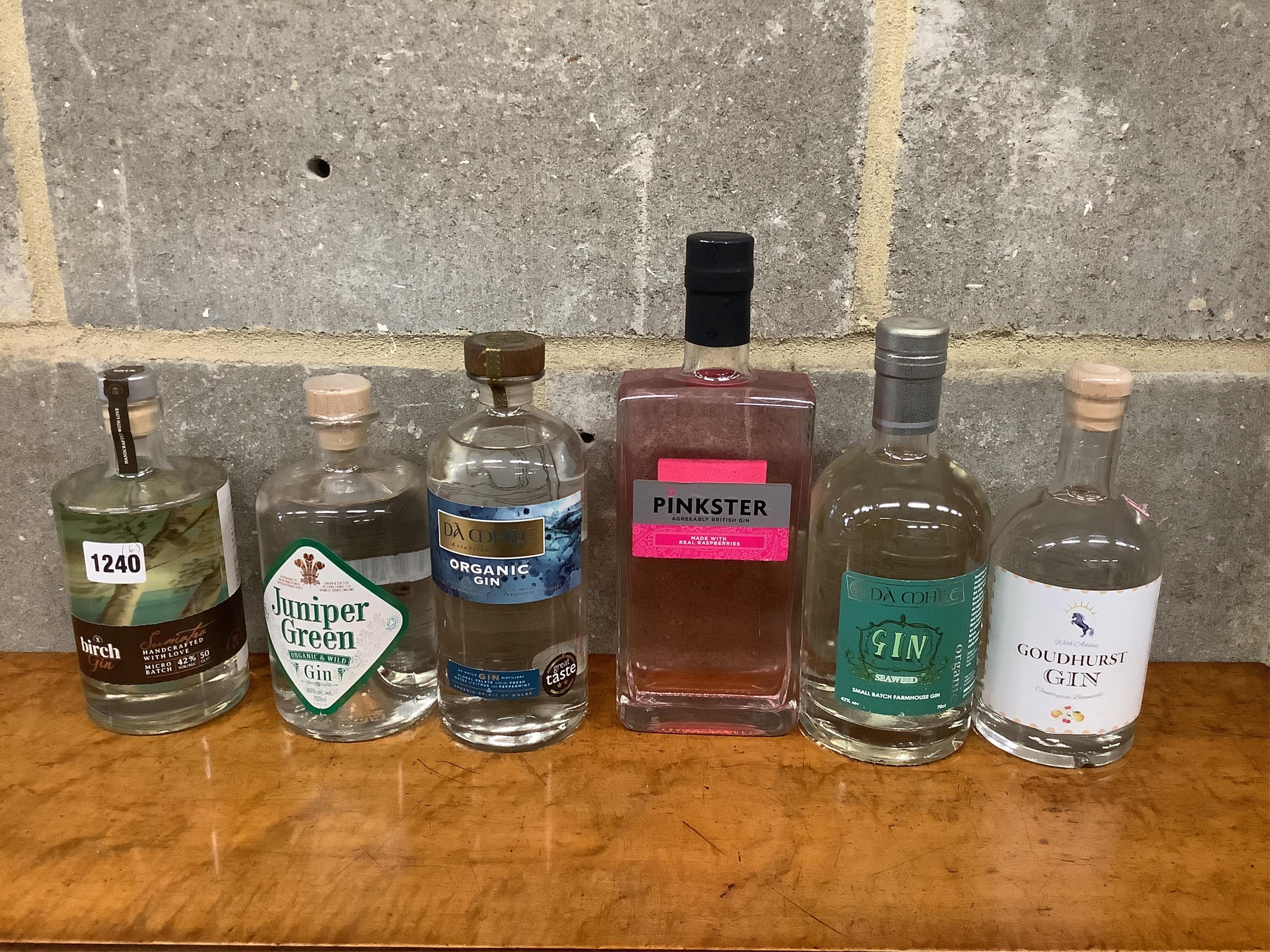 Six bottles of British Craft Gin to include Juniper Green, Da Mhile and Birch. (Surplus stock from a local wedding event company).